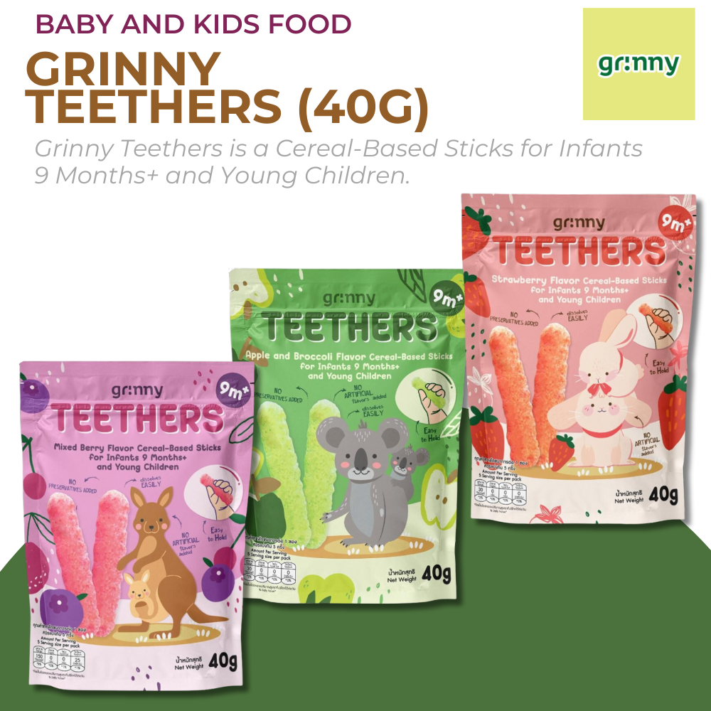 Grinny Multigrain Teething Stick Strawberry 40g - Apple & Broccoli - Mixed Berries - Strawberry