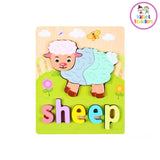 Valiant Toddlers -  Jigsaw 3D Wooden Puzzle Board with Spelling (Pastel Colored) - Montessori
