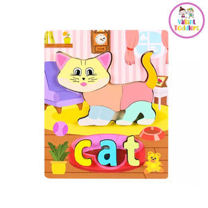 Valiant Toddlers -  Jigsaw 3D Wooden Puzzle Board with Spelling (Pastel Colored) - Montessori